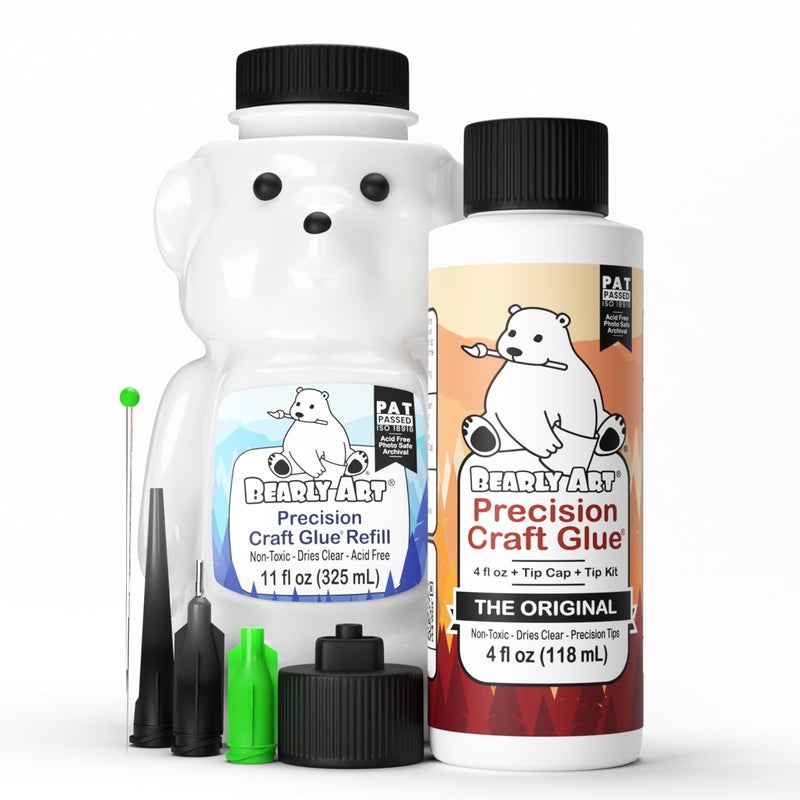 Bearly Art Precision Craft Glue The Bundle 4fl oz and 11fl oz Refill Bear Tip Kit Included Wrinkle Resistant Flexible and Crack Resistant Strong Hold Adhesive Made in USA