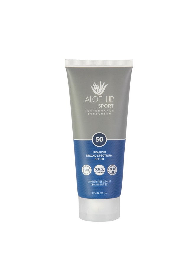 Aloe Up Sport Sunscreen Lotion SPF 50 - Broad Spectrum UVA/UVB Sunscreen Protector for Face and Body - With Hydrating Aloe Vera Gel - Non-Greasy - No White Cast - Reef Safe - Fragrance-Free - 3 Oz - Image 1