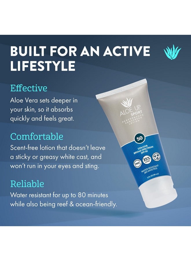 Aloe Up Sport Sunscreen Lotion SPF 50 - Broad Spectrum UVA/UVB Sunscreen Protector for Face and Body - With Hydrating Aloe Vera Gel - Non-Greasy - No White Cast - Reef Safe - Fragrance-Free - 3 Oz - Image 2