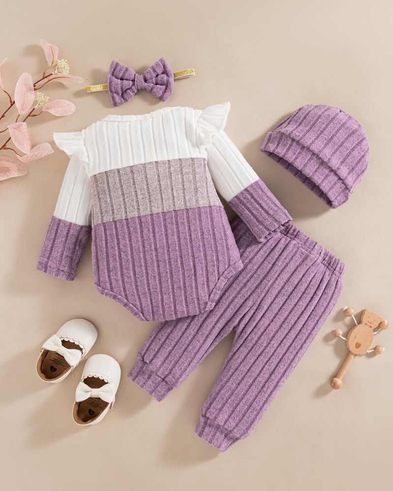 Mioglrie Baby Girl Clothes 3-6 Months Newborn Infant Girl Fall Winter Outfits Purple Color Block Pants Set 4Pcs Baby Girls Clothing Set with Headband and Hat - Image 4
