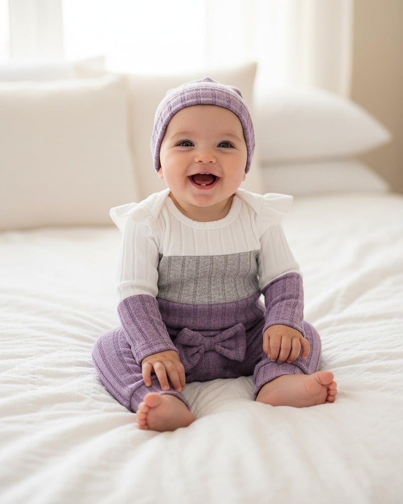Mioglrie Baby Girl Clothes 3-6 Months Newborn Infant Girl Fall Winter Outfits Purple Color Block Pants Set 4Pcs Baby Girls Clothing Set with Headband and Hat - Image 3