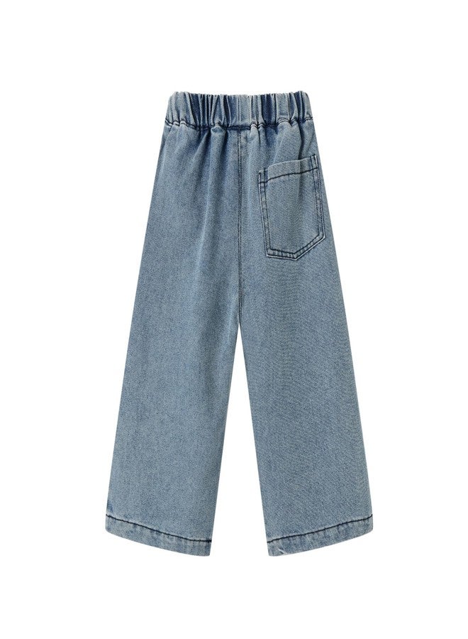 Mud Kingdom Baby Girils Blue Jeans Elastic Waist Wide Leg Denim Pants Heart Casual Kids Playwear Slant Pocket 1T - Image 2