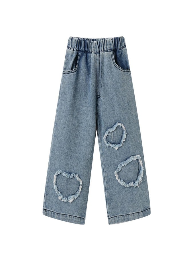 Mud Kingdom Baby Girils Blue Jeans Elastic Waist Wide Leg Denim Pants Heart Casual Kids Playwear Slant Pocket 1T - Image 1