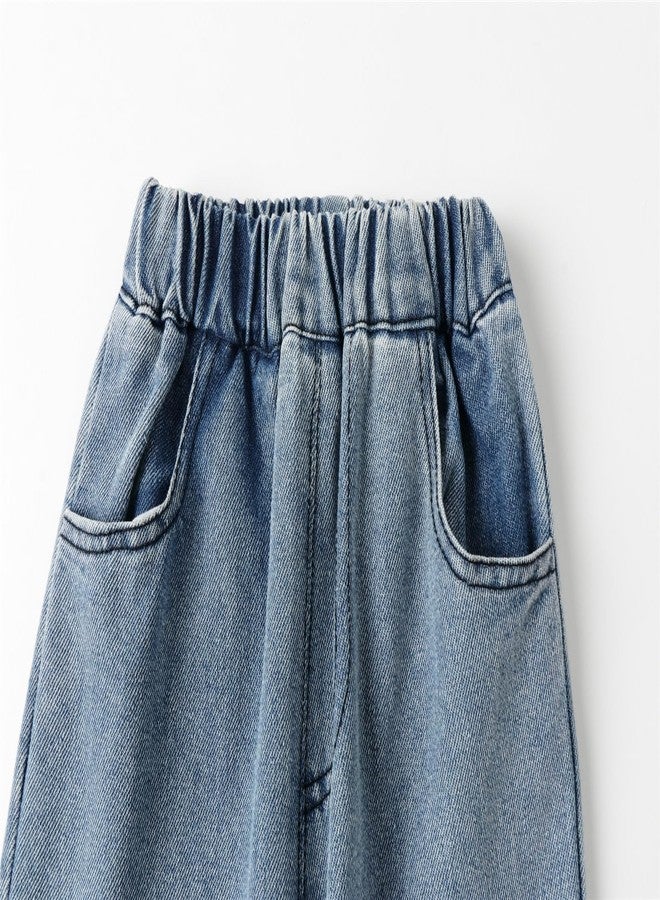 Mud Kingdom Baby Girils Blue Jeans Elastic Waist Wide Leg Denim Pants Heart Casual Kids Playwear Slant Pocket 1T - Image 3