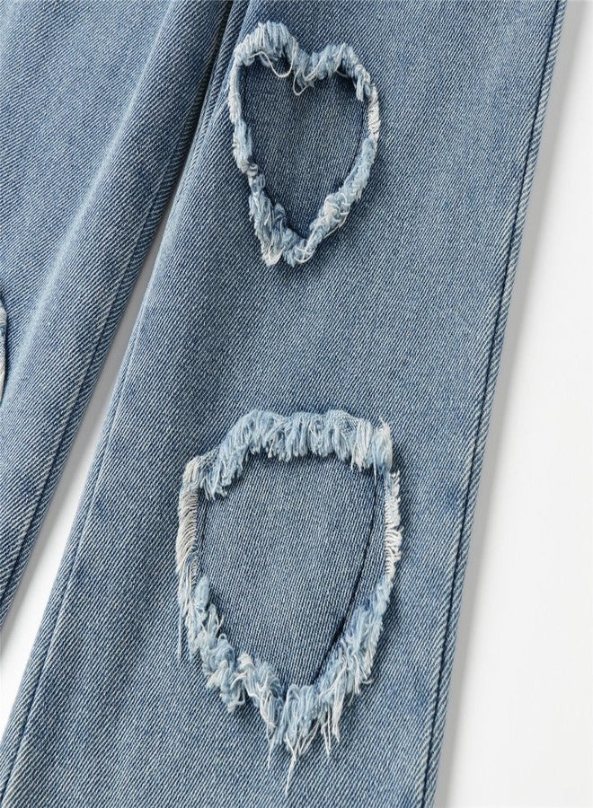 Mud Kingdom Baby Girils Blue Jeans Elastic Waist Wide Leg Denim Pants Heart Casual Kids Playwear Slant Pocket 1T - Image 4