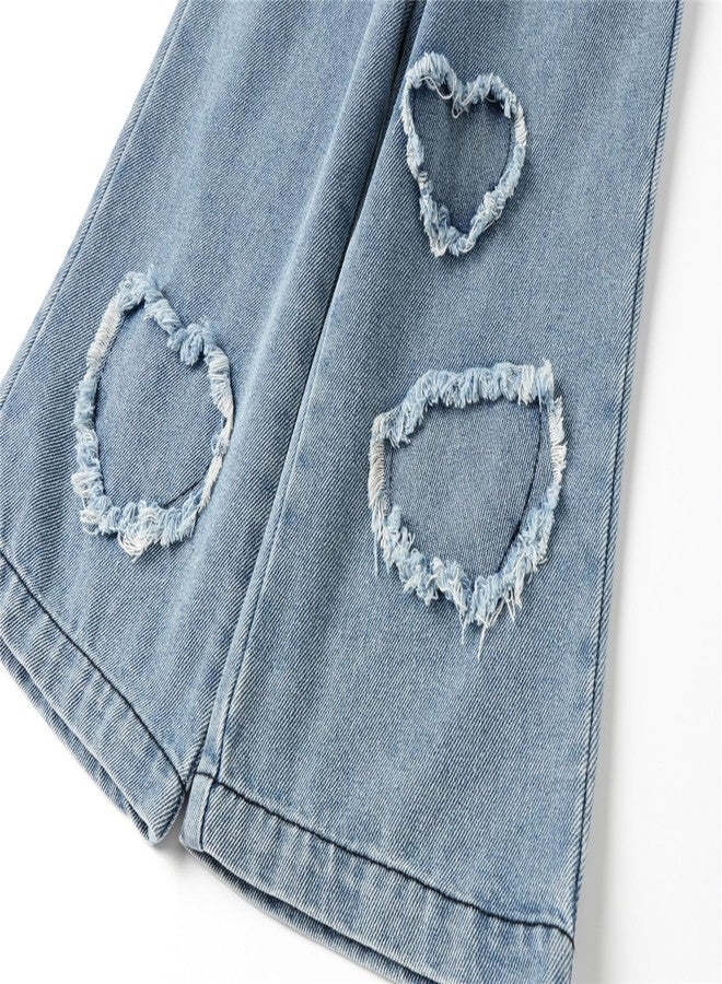 Mud Kingdom Baby Girils Blue Jeans Elastic Waist Wide Leg Denim Pants Heart Casual Kids Playwear Slant Pocket 1T - Image 5