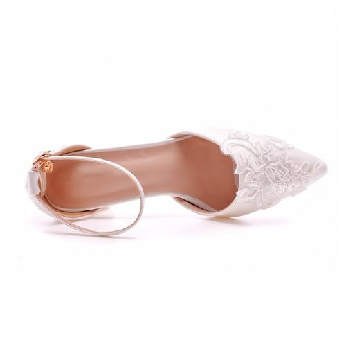 Dress First Wedding Shoes for Bride Block Low High Heels Point Toe Closed Toe Wedding Heels Bridal Shoes Ankle Strap Heels Lace Elegant Leather with Buckle, White, 2.75 Inch - Image 4