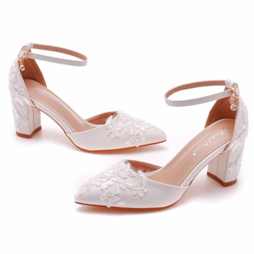 Dress First Wedding Shoes for Bride Block Low High Heels Point Toe Closed Toe Wedding Heels Bridal Shoes Ankle Strap Heels Lace Elegant Leather with Buckle, White, 2.75 Inch - Image 2