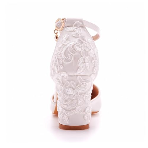 Dress First Wedding Shoes for Bride Block Low High Heels Point Toe Closed Toe Wedding Heels Bridal Shoes Ankle Strap Heels Lace Elegant Leather with Buckle, White, 2.75 Inch - Image 3