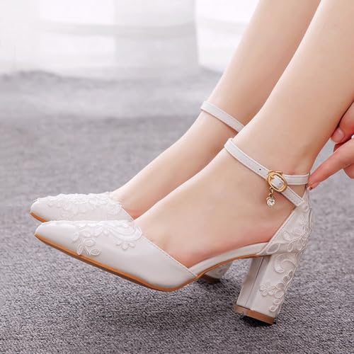 Dress First Wedding Shoes for Bride Block Low High Heels Point Toe Closed Toe Wedding Heels Bridal Shoes Ankle Strap Heels Lace Elegant Leather with Buckle, White, 2.75 Inch - Image 5