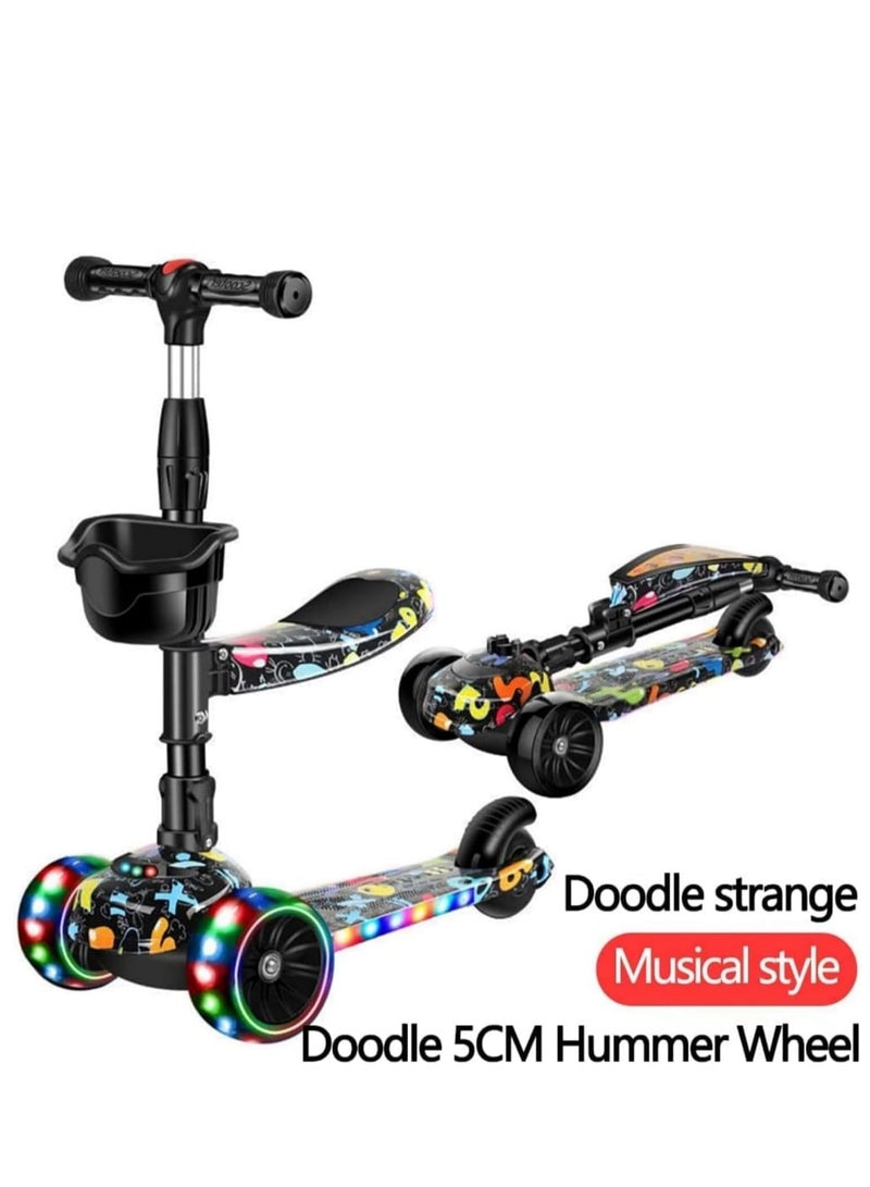 Kick Scooters for Kids, 3 Adjustable Height Foldable Scooter for Kids, Removable Seat, LED Light up Wheels and Music, Adjustable Handlebar, Indoor and Outdoor, for Children 1-10 Years Old
