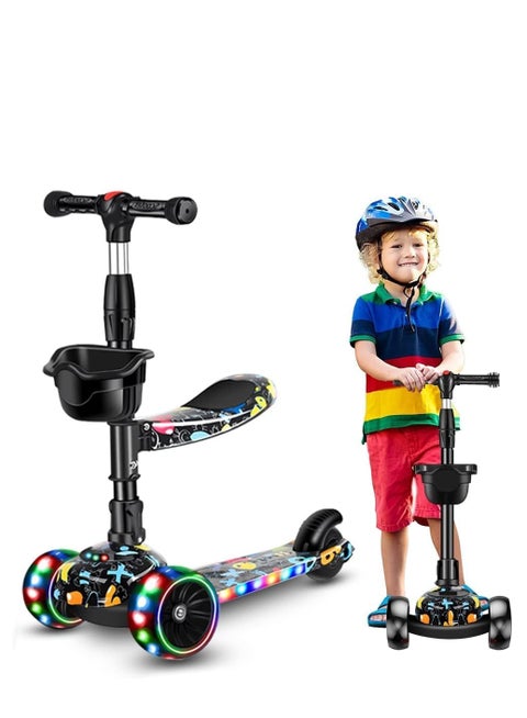 Kick Scooters for Kids, 3 Adjustable Height Foldable Scooter for Kids, Removable Seat, LED Light up Wheels and Music, Adjustable Handlebar, Indoor and Outdoor, for Children 1-10 Years Old