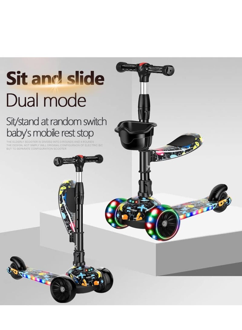 Kick Scooters for Kids, 3 Adjustable Height Foldable Scooter for Kids, Removable Seat, LED Light up Wheels and Music, Adjustable Handlebar, Indoor and Outdoor, for Children 1-10 Years Old