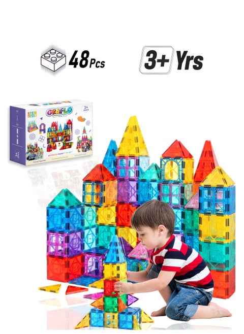 Magnetic Building Tiles  48 Pcs Set of Vibrant 3D Blocks, Encourages Creative Construction, Promotes Educational Brain Development, Stimulates Imagination, STEM Toy for Kids 3+ Years