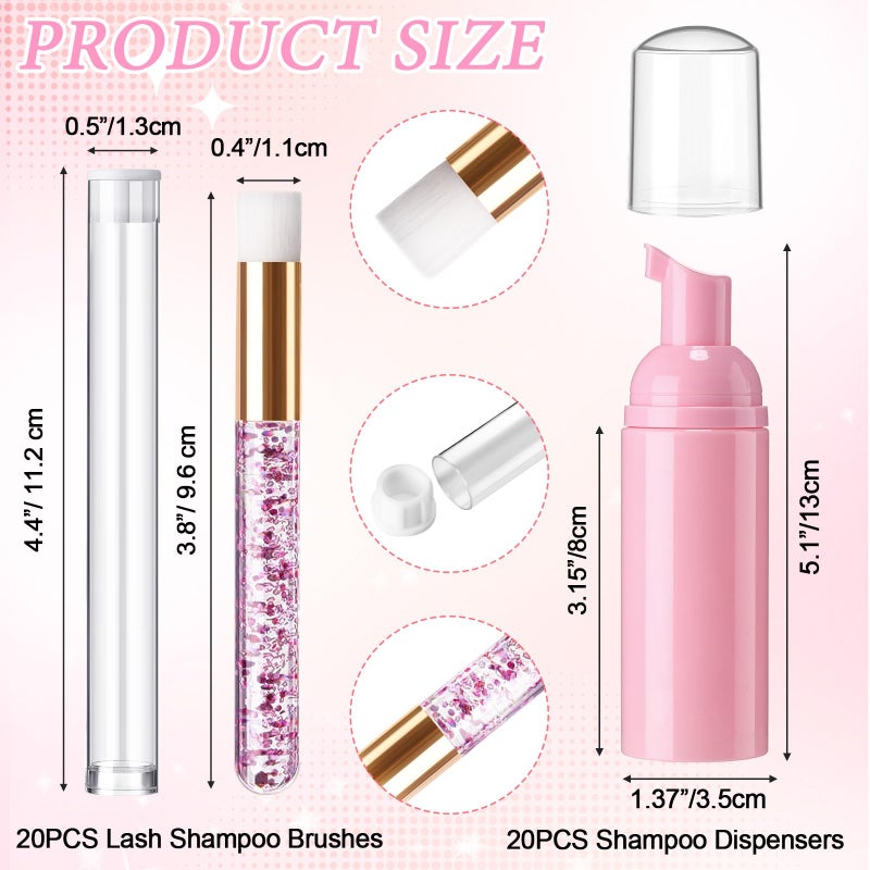 Zhehao 80 Pcs Lash Shampoo Bottle Brushes Kit 20 Foam Pump Dispensers 20 Lash Shampoo Brushes 20 Eyelash Aftercare Bag 20 Cleaning Pipes, Eyelash Extension Supplies(Pink) - Image 2
