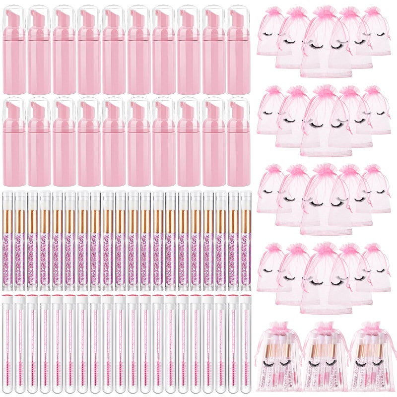 Zhehao 80 Pcs Lash Shampoo Bottle Brushes Kit 20 Foam Pump Dispensers 20 Lash Shampoo Brushes 20 Eyelash Aftercare Bag 20 Cleaning Pipes, Eyelash Extension Supplies(Pink) - Image 1
