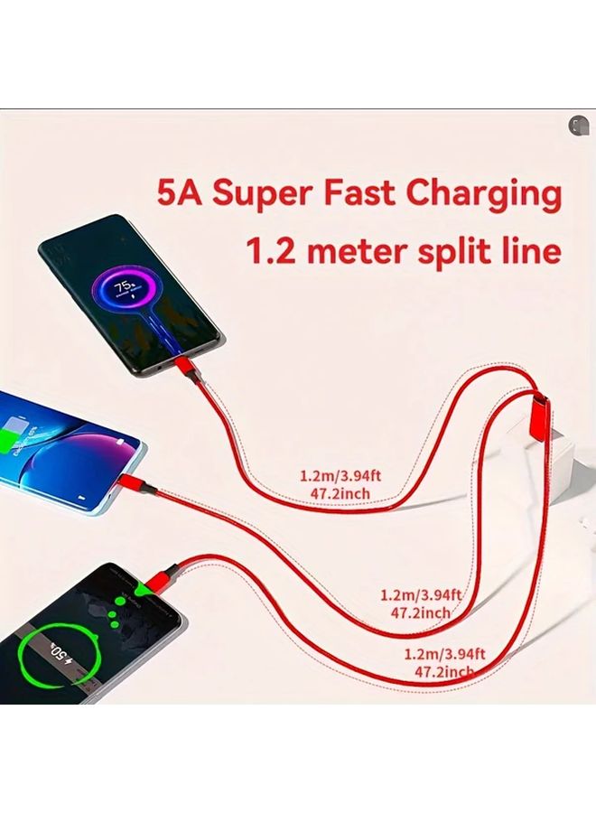 Red 6A Super Fast Charging USB C Cable Triple Head Type C Type A Nylon Braigned - Image 2