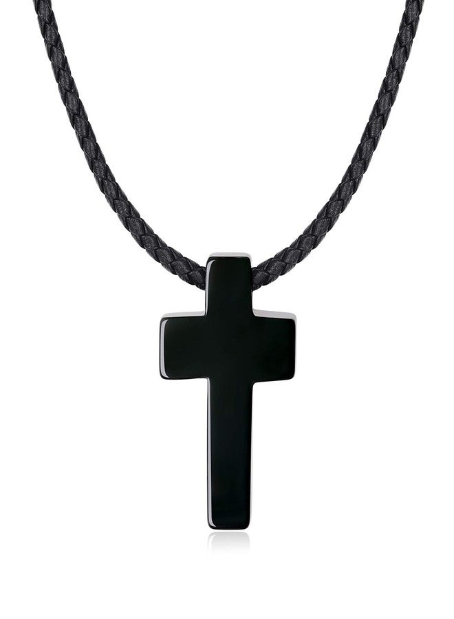 COAI Black Obsidian Necklace, Leather Cord Cross Necklace for Men Women 20" - Image 1