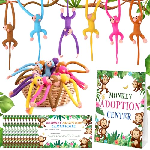 Gaiaring 25 Pcs Adopt A Hanging Monkey Pet Party Favors Monkey Stuffed Jungle Animal with Hook and Loop Hands Include 12 Large Plush Monkey 12 Adopt Cards 1 Adopt Sign for Adopt A Pet Party Monkey - Image 1