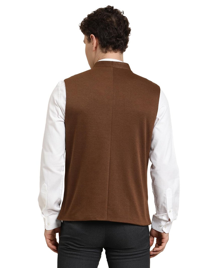 Turtle Men Brown Knitted Solid Party Nehru Jacket - Image 2