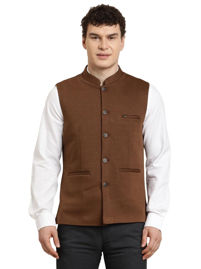 Turtle Men Brown Knitted Solid Party Nehru Jacket - Image 3