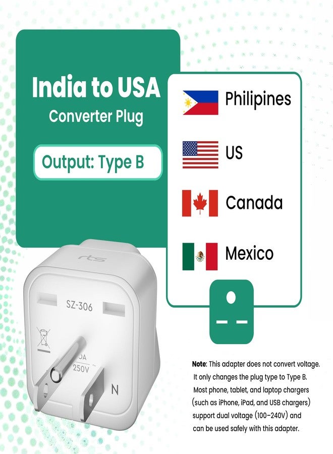 rts India US Converter Plug, India to USA, Canada & More - Type B Universal Travel Adapter Plug Compatible India to USA, Canada, Mexico, Japan, Thailand, Brazil, Philippines, Cuba, Taiwan (White) - Image 5