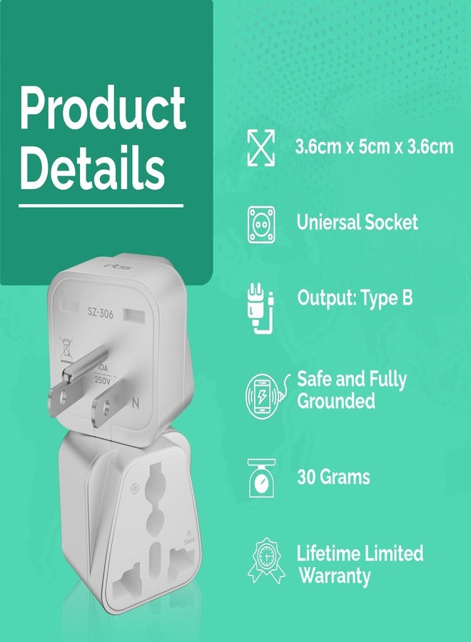 rts India US Converter Plug, India to USA, Canada & More - Type B Universal Travel Adapter Plug Compatible India to USA, Canada, Mexico, Japan, Thailand, Brazil, Philippines, Cuba, Taiwan (White) - Image 3