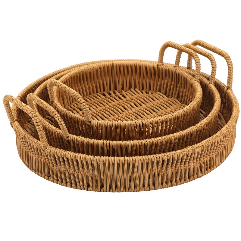 Ferraycle 3 Pcs Rattan Serving Tray with Handles Woven Wicker Tray Round Shallow Rattan Basket Fruit Tray Decor for ServingBrown
