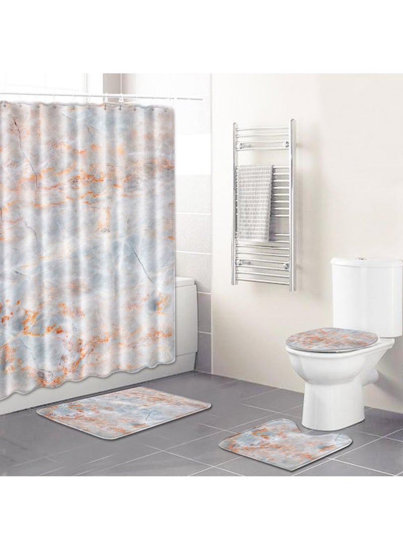 Bluejw 4PCS Printed Shower Curtain Set Polyester Material Marble Pattern Thickened Shower Curtain Set Includes Floor Mat Toilet Seat Cover Anti-skid Pad At The Bottom Of Toilet Ring And Shower C - Image 1