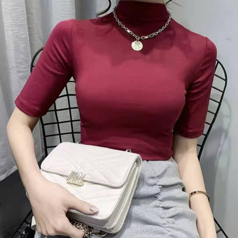 2023 Model Cotton Colorful Shirt Mid-Sleeve Early Autumn Solid Color All-Match Half-High Collar Base Shirt Women'S T-Shirt - Image 1