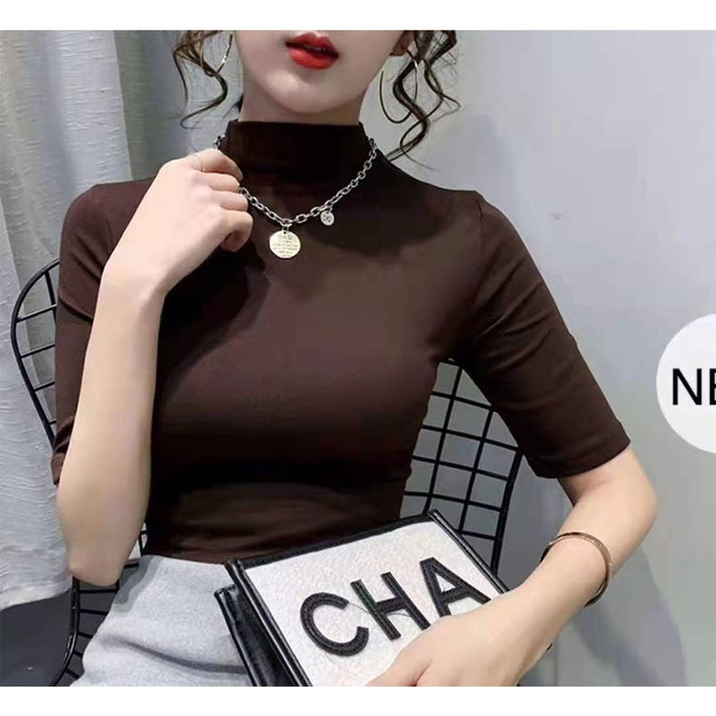 2023 Model Cotton Colorful Shirt Mid-Sleeve Early Autumn Solid Color All-Match Half-High Collar Base Shirt Women'S T-Shirt - Image 4