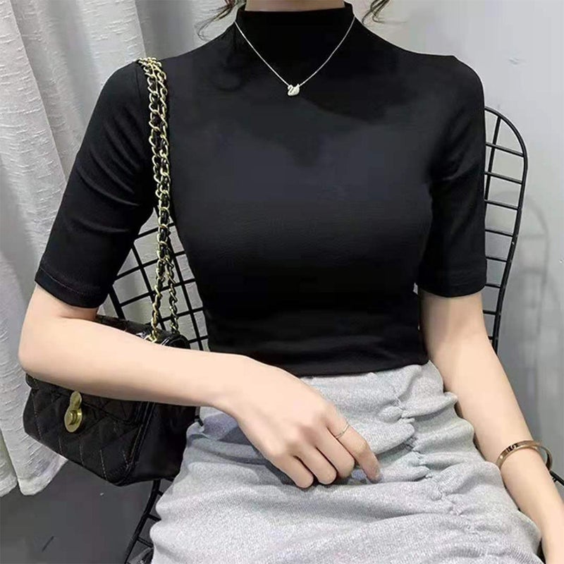 2023 Model Cotton Colorful Shirt Mid-Sleeve Early Autumn Solid Color All-Match Half-High Collar Base Shirt Women'S T-Shirt - Image 2