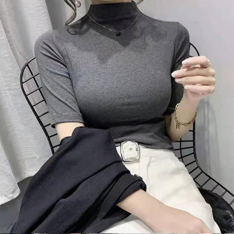 2023 Model Cotton Colorful Shirt Mid-Sleeve Early Autumn Solid Color All-Match Half-High Collar Base Shirt Women'S T-Shirt - Image 3