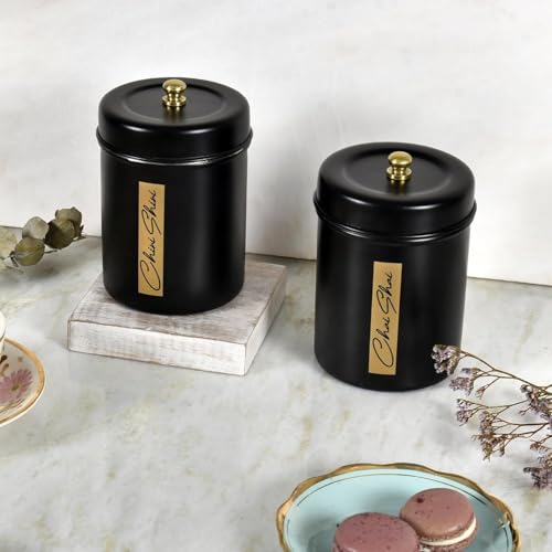 Elan Stainless Steel Round Chai Shai/Chini Shini Canister 800ml each, Stainless Steel Square Container for Kitchen Rack, Food Storage Jar, Kitchen Grocery Organizer (Black) - Image 1