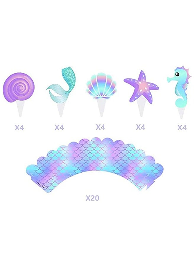 20 Pcs Mermaid Baking Cups Cupcake Toppers and Wrappers Double Side Little Mermaid Theme Decoration Under The Sea Theme Baby Shower Birthday Party Favor Supplies - Image 3