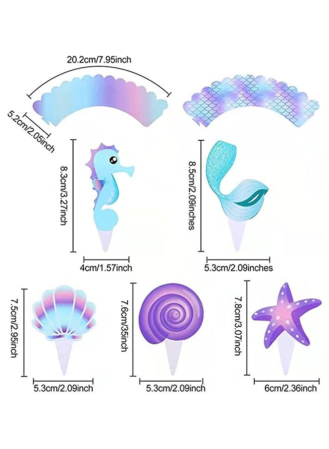 20 Pcs Mermaid Baking Cups Cupcake Toppers and Wrappers Double Side Little Mermaid Theme Decoration Under The Sea Theme Baby Shower Birthday Party Favor Supplies - Image 4