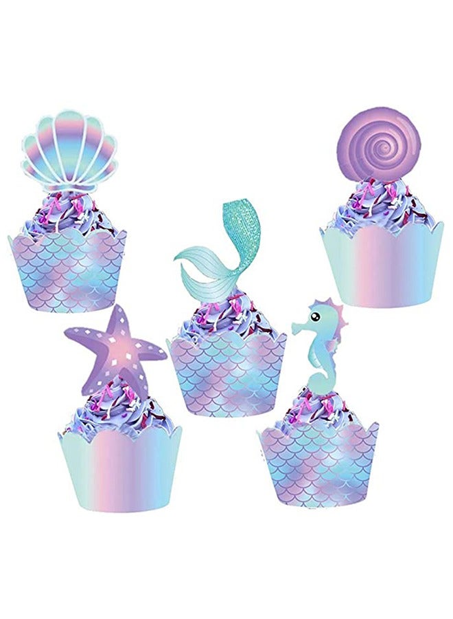 20 Pcs Mermaid Baking Cups Cupcake Toppers and Wrappers Double Side Little Mermaid Theme Decoration Under The Sea Theme Baby Shower Birthday Party Favor Supplies - Image 2