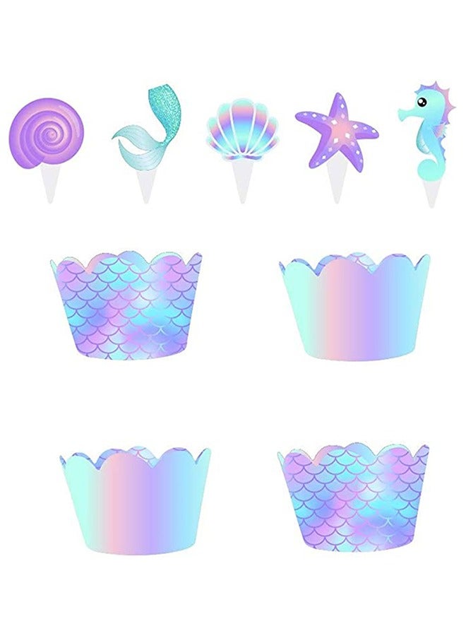 20 Pcs Mermaid Baking Cups Cupcake Toppers and Wrappers Double Side Little Mermaid Theme Decoration Under The Sea Theme Baby Shower Birthday Party Favor Supplies - Image 5