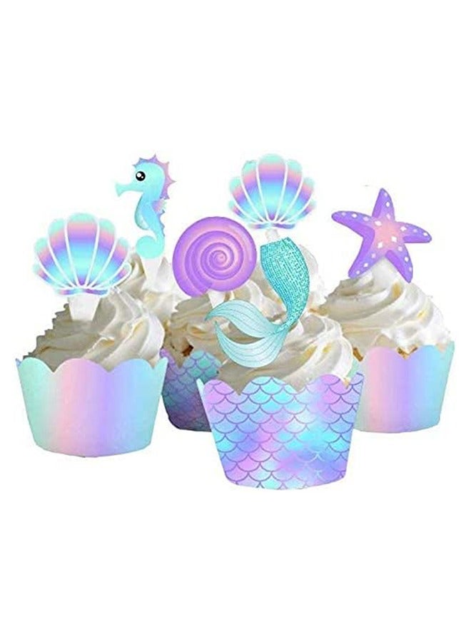 20 Pcs Mermaid Baking Cups Cupcake Toppers and Wrappers Double Side Little Mermaid Theme Decoration Under The Sea Theme Baby Shower Birthday Party Favor Supplies - Image 1