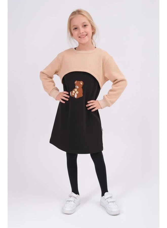 Perendi Girl's Teddy Bear Embroidered Dress and Crop Sweatshirt – Beige.
