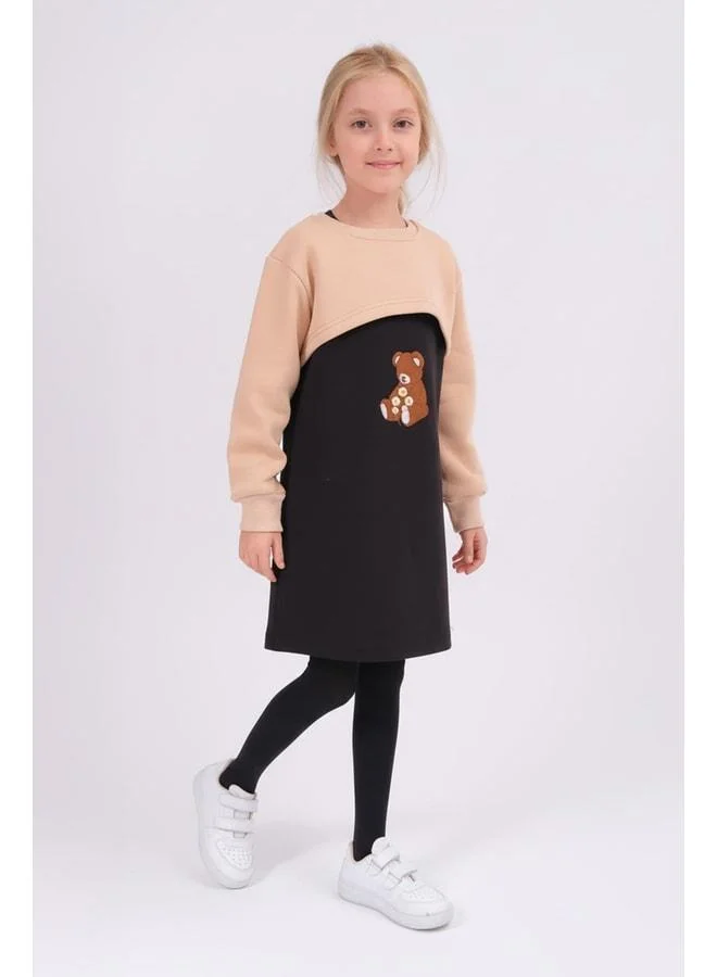 Perendi Girl's Teddy Bear Embroidered Dress and Crop Sweatshirt – Beige.