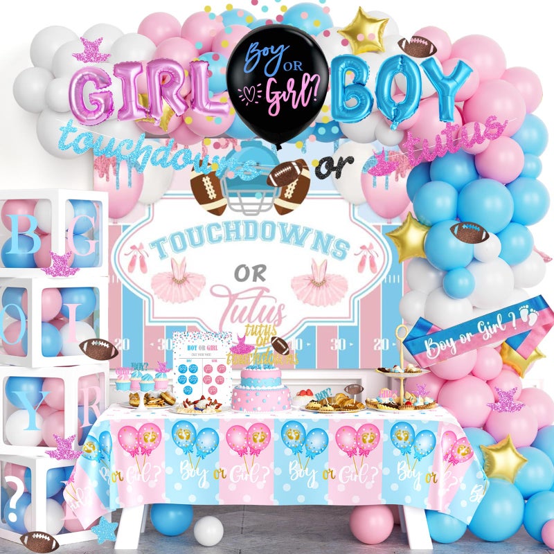 172 PCs Touchdowns or Tutus Gender Reveal Decorations Hombae Boy or Girl Gender Reveal Decorations Backdrop Balloon Garland Banner Tablecloth Cake Cupcake Topper Boxes Cutout Poster Sash Pink Blue