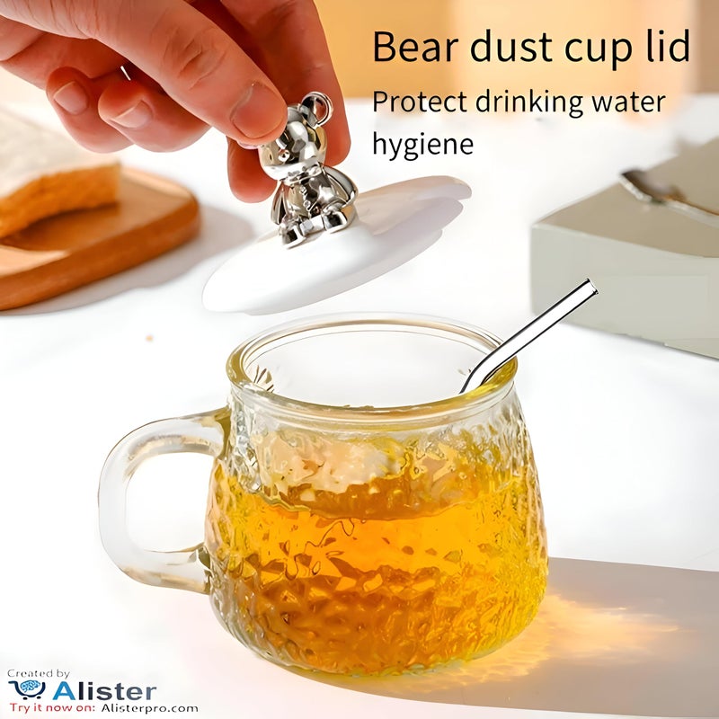Cute Bear Shaped Glass Mug with Lid and Spoon 300ml Perfect for enjoying milk juices chocolate iced coffee Best Product Supplier Elegant Home - Image 2
