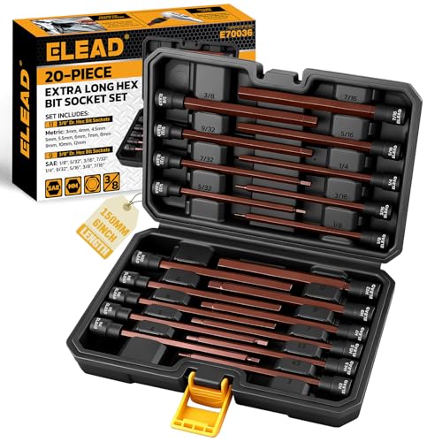 ELEAD مجموعة مفاتيح ألين سداسية طويلة جداً من ELEAD: 20 قطعة، 3/8 بوصة، فولاذ S2، قياسي SAE وميتر (1/8 بوصة - 7/16 بوصة، 3-12 مم) لمثاقب التأثير ومفاتيح الربط - Image 1