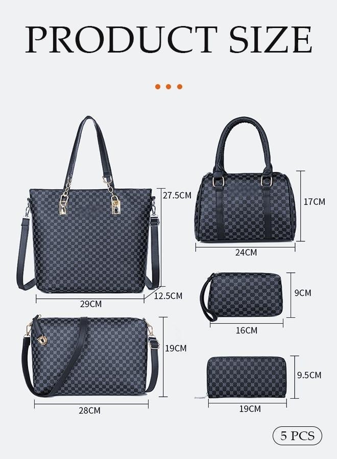 DUNISO 6pcs Shoulder Bag Set for Women Large Capacity checkered pattern Ladies Tote Handbag Set for Women Commute One Shoulder Crossbody Bag with WalletBlack - Image 2