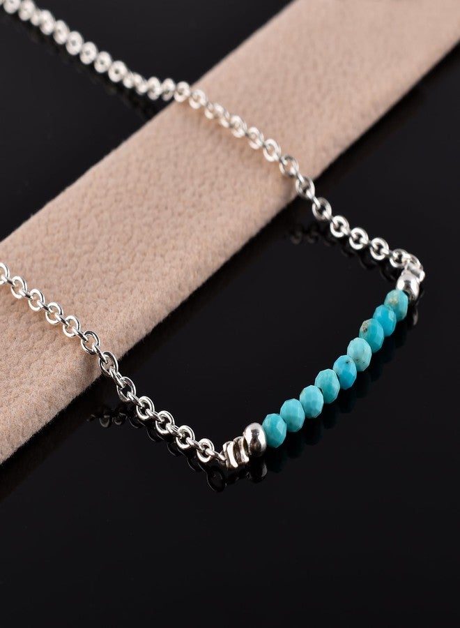 Yanara سوار كاحل يانارا التركواز للنساء، حجر الميلاد الطبيعي، خرز الأحجار الكريمة، سوار كاحل يدوي دقيق 9"+1.25" بوصة، كرات 3 مم، بلورات طاقة الشاكرات، سلسلة مطلية بالفضة - Image 4