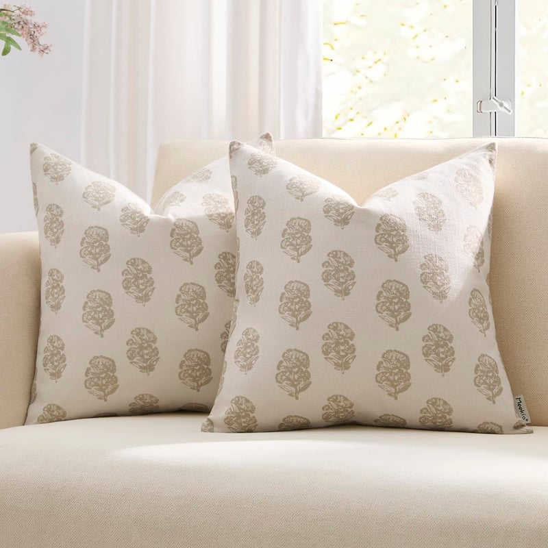 Meekio Set of 2 Light Beige Floral Block Print Pillow Covers 18 x 18 inches Linen Throw Pillow Covers for Sofa Couch Decor - Image 1
