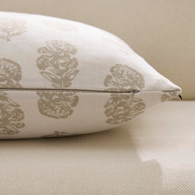Meekio Set of 2 Light Beige Floral Block Print Pillow Covers 18 x 18 inches Linen Throw Pillow Covers for Sofa Couch Decor - Image 5