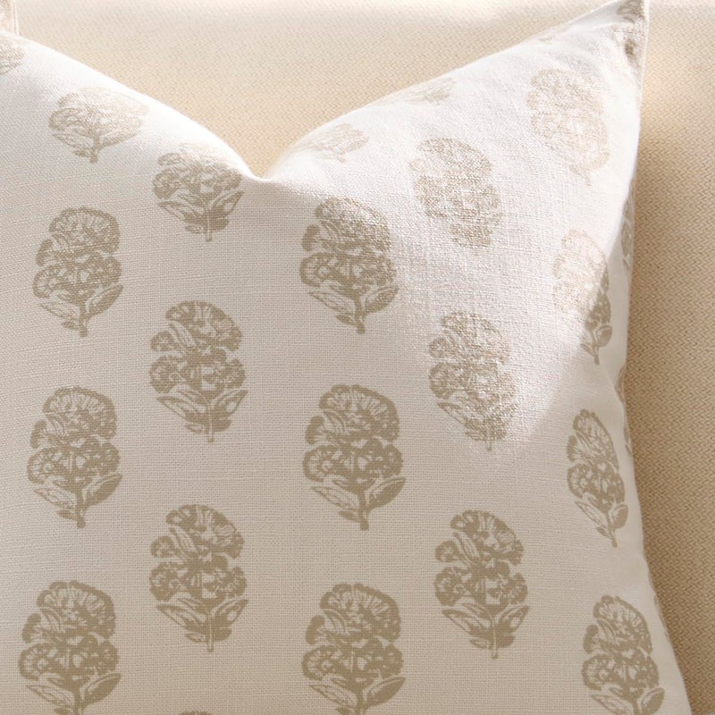 Meekio Set of 2 Light Beige Floral Block Print Pillow Covers 18 x 18 inches Linen Throw Pillow Covers for Sofa Couch Decor - Image 4