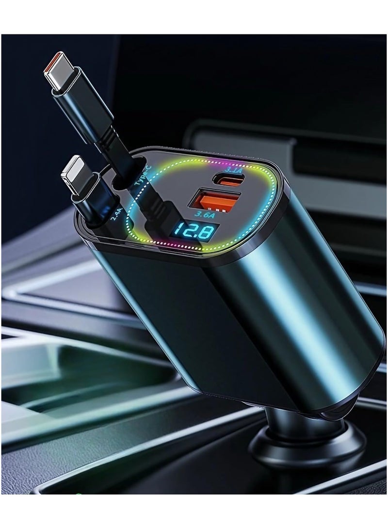 Anmi 120W Car Charger – Aerospace Aluminum, Dual Retractable Type-C and L Cables, 4-Port Fast Charging with Smart LED Display, and Universal Compatibility (RGB-Black) - Image 1